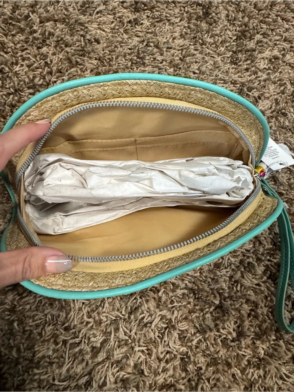 Sequin Straw 'Beach Please' Clutch/wristlet with Teal Trim and Pink Accent-NWT